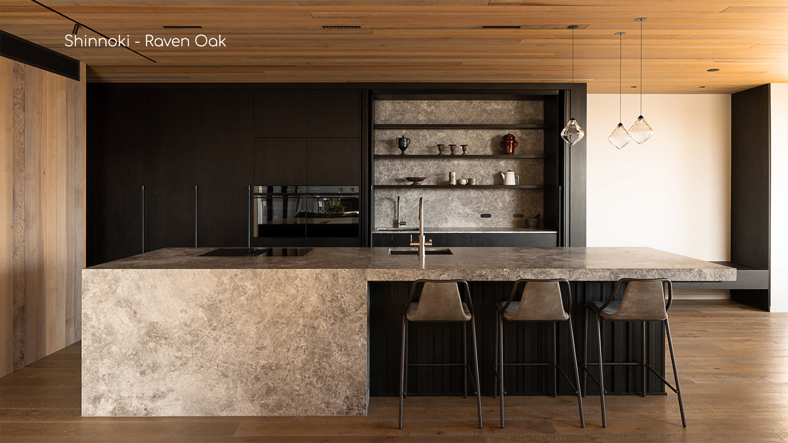 Hybrid RTA cabinetry in Shinnoki Raven Oak