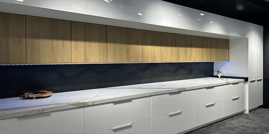 Frameless White Gloss and Lucca Slab cabinets included in the Super Summer Sale